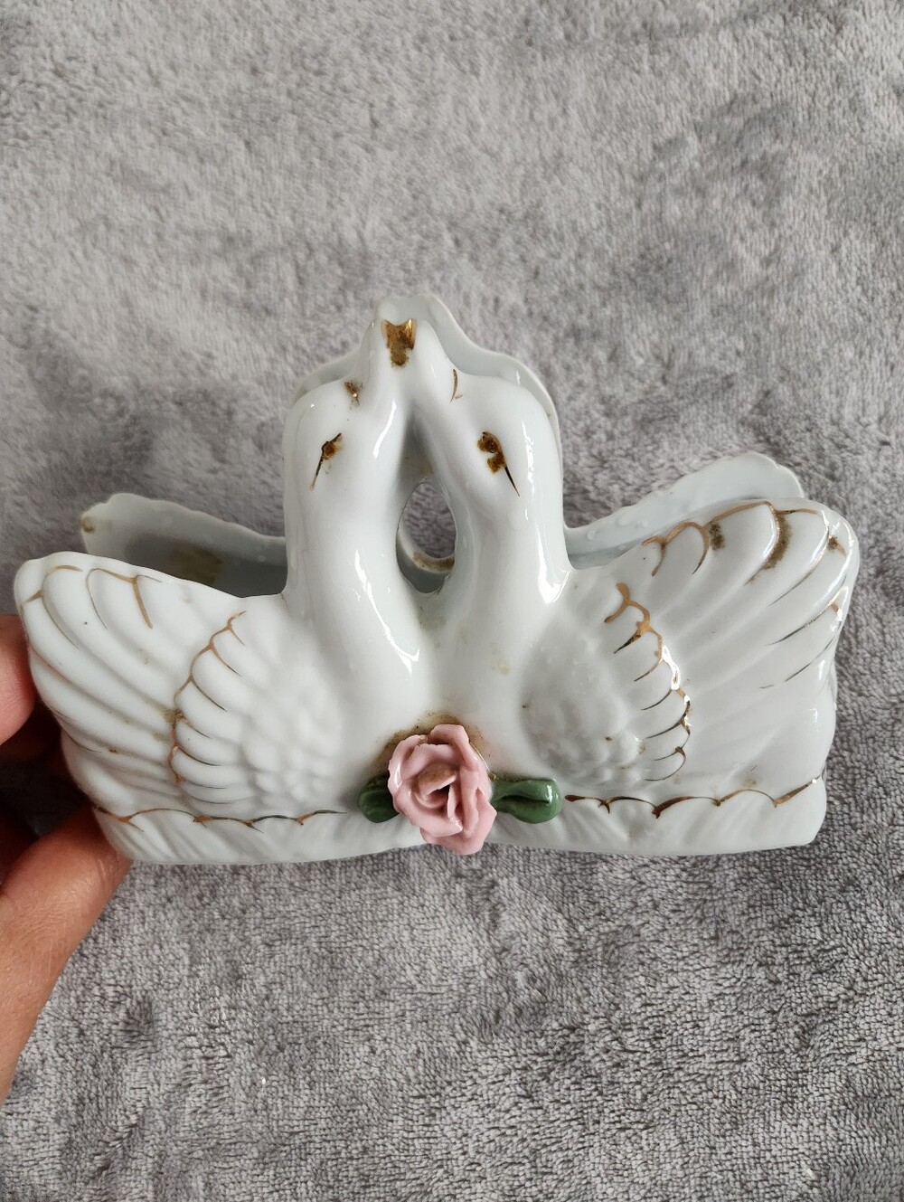 Vintage Porcelain Swan Napkin Holder with Pink Rose Accent